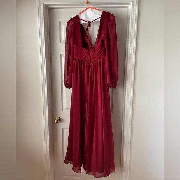 Azazie A-Line V-Neck Long Sleeve Chiffon Dress, in Pomegranate, Azazie Norah - Picture 5 of 7